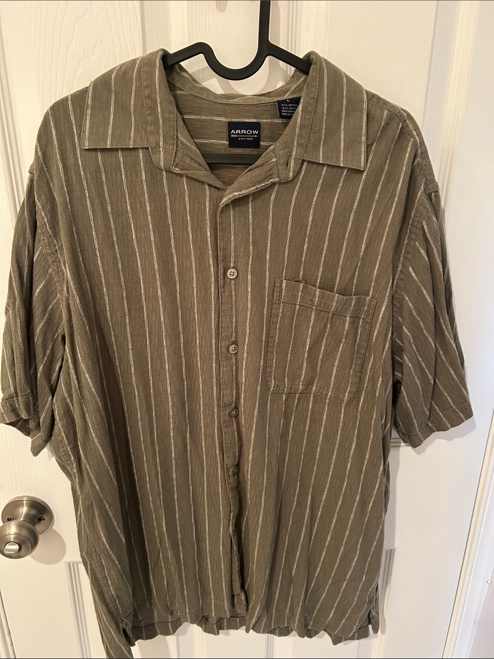 Arrow Olive and Cream Striped Short-Sleeve Button-Up Shirt